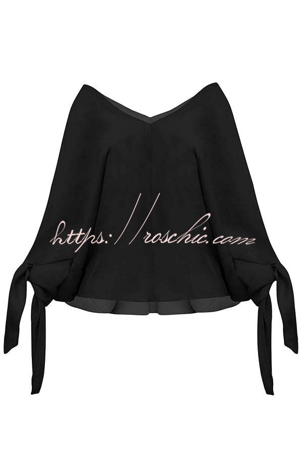 Linen Blend V-Neck Loose Top with Knotted Cuff Half Sleeves