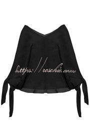 Linen Blend V-Neck Loose Top with Knotted Cuff Half Sleeves