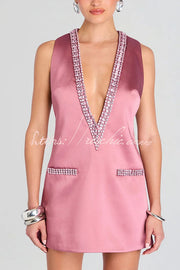 Satin Deep V-Neck Mini Dress with Gemstone Trim