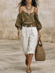 Boho Off-Shoulder Olive Top & Wide-Leg hvide bukser sæt