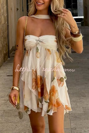 Floral Print Halter Neck Mini Dress with Starfish Brooch