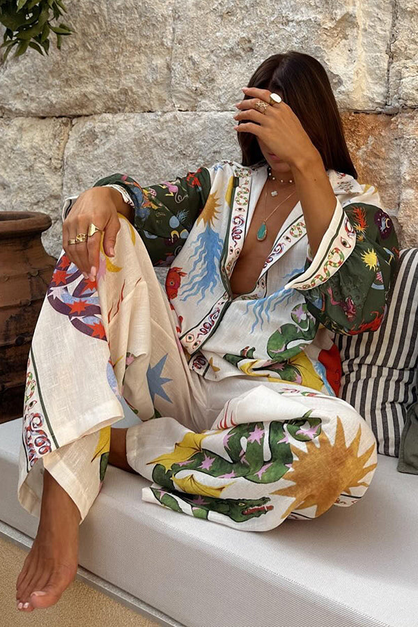Bohemian Printed Long Sleeve Shirt and Pants Set