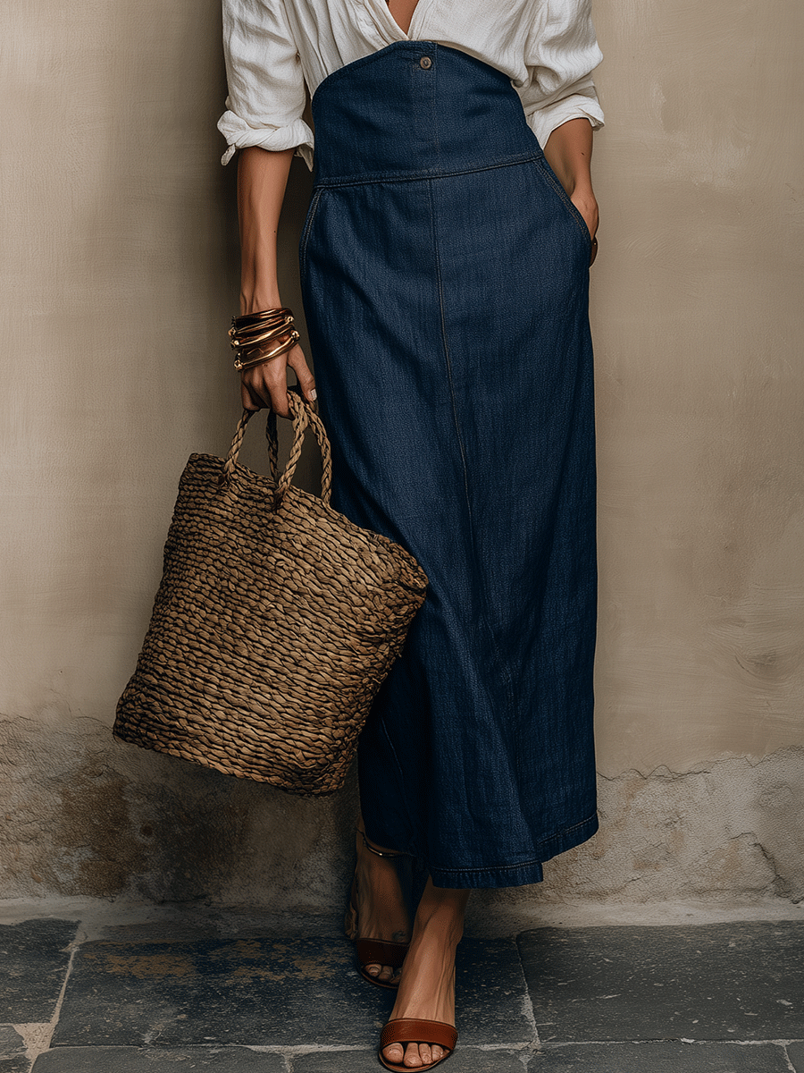 Denim Maxi Dress with White Shirt Layer | Coastal Style