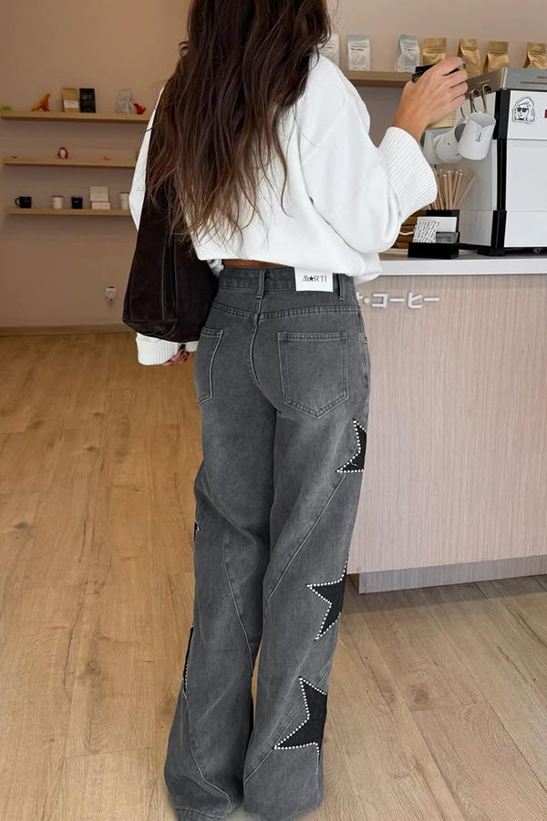 Women's Wide Leg Denim Jeans with Star Print Pockets