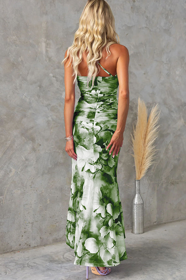 Floral Mesh One Shoulder Ruched Maxi Dress