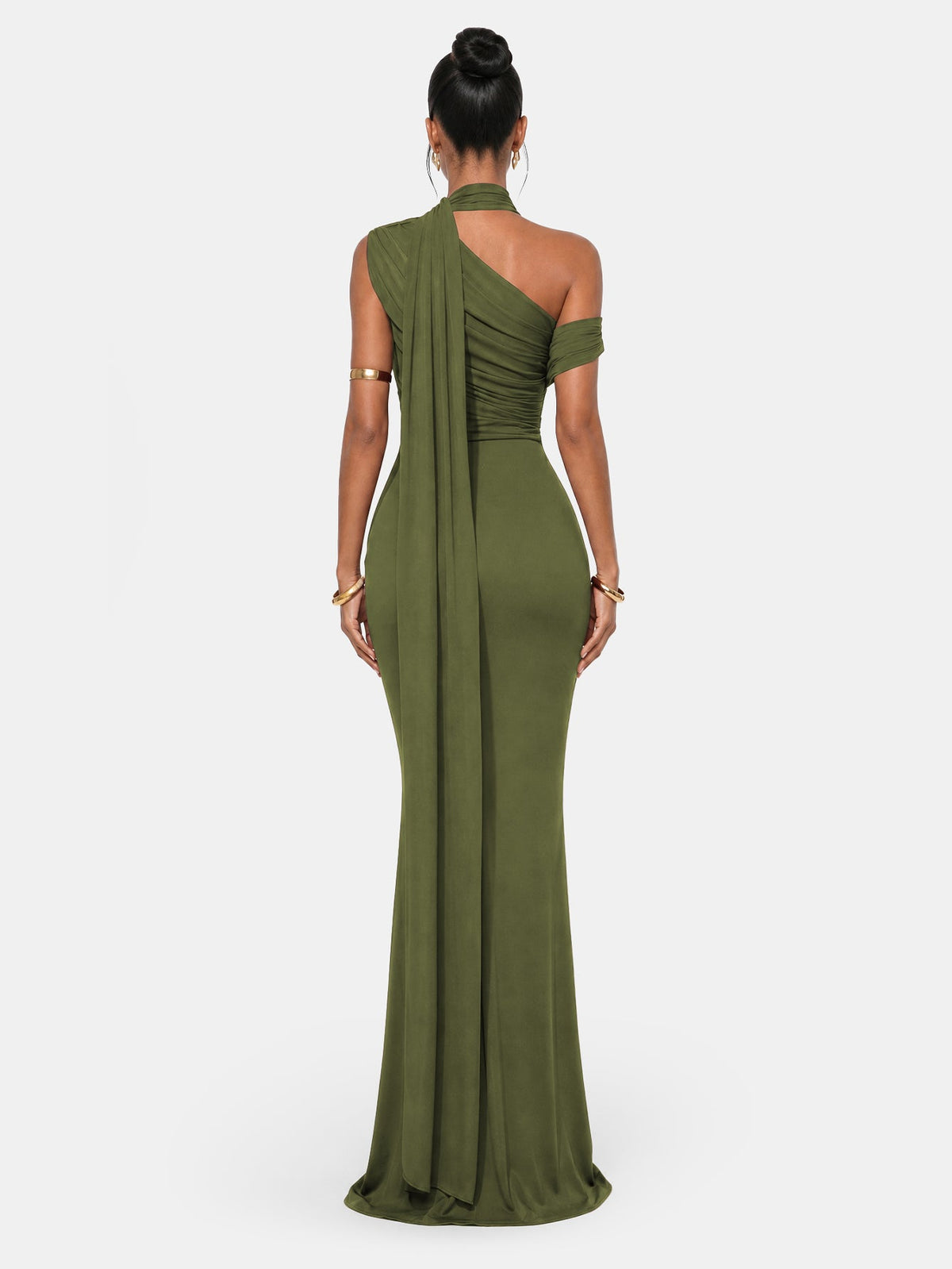 One Shoulder Formal Evening Gown with Built-In Bra, Ruched Mesh