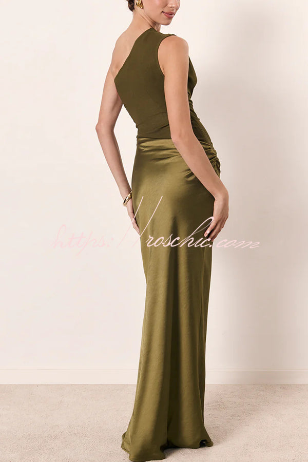 Satin One Shoulder Ruched Maxi Dress for Party