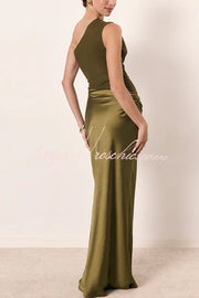 Satin One Shoulder Ruched Maxi Dress for Party