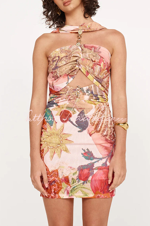 Mesh Rosette Hardware Cutout Ruched Stretch Mini Dress