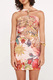 Mesh Rosette Hardware Cutout Ruched Stretch Mini Dress