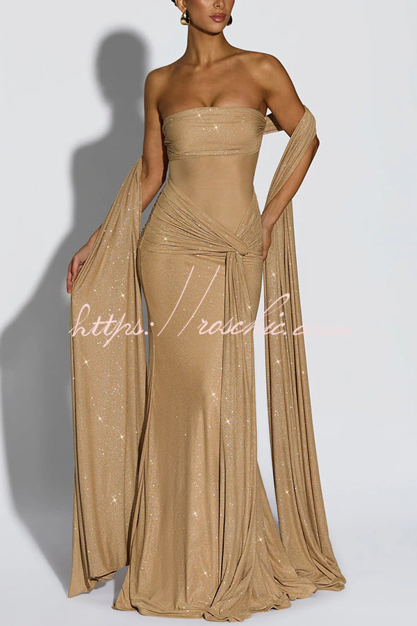 Sequined Mesh Off Shoulder Ruched Maxi Dress for Parties