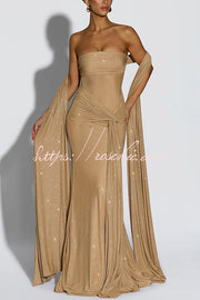 Sequined Mesh Off Shoulder Ruched Maxi Dress for Parties