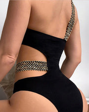 Rhinestone Strap High-Waist Bikini Swimsuit