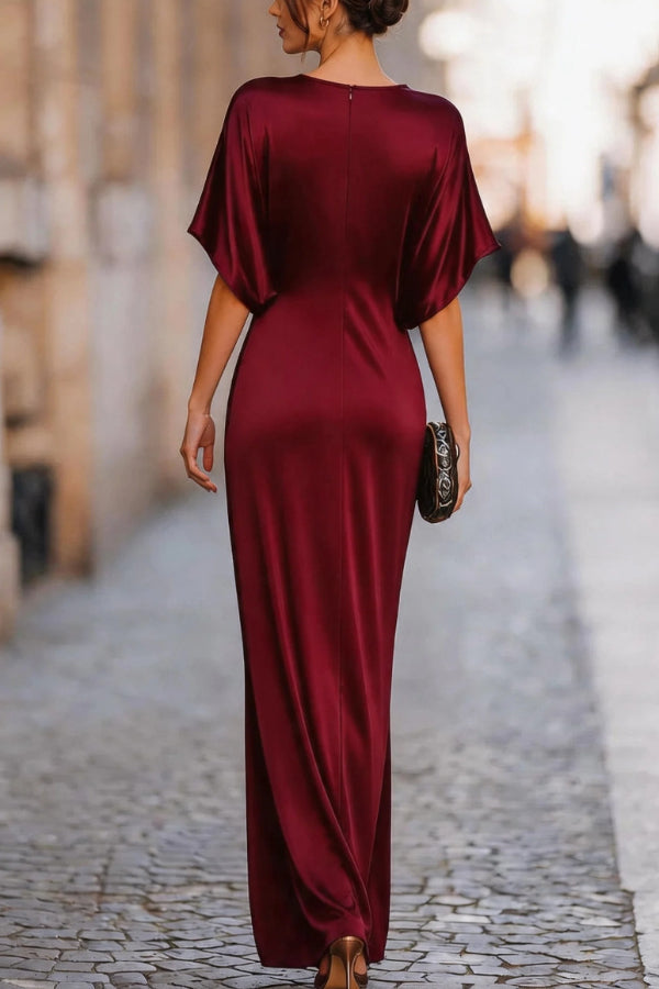 Solid Color Draped Maxi Dress – Round Neck, Short Sleeve