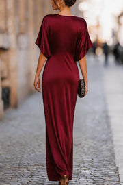Solid Color Draped Maxi Dress – Round Neck, Short Sleeve