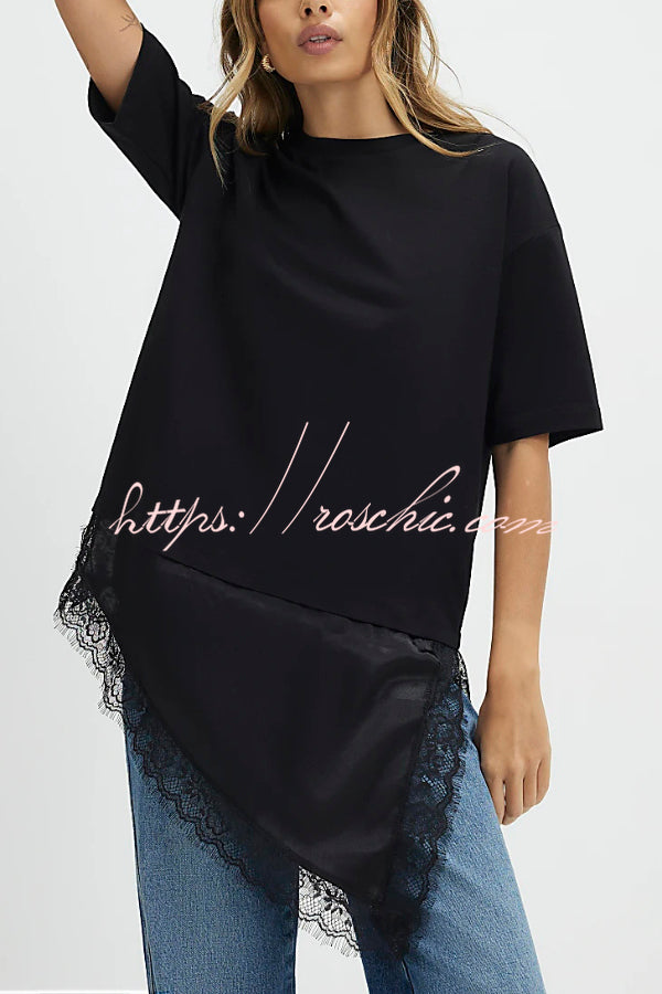 Lace Hem Loose Fit Round Neck Short Sleeve T-Shirt