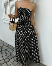 Vintage Polka Dot Strapless Ruffle Maxi Dress