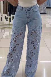 Lace Stitch Denim Wide-Leg Pants with Pockets