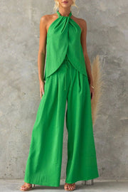 Linen Blend Sleeveless Top & Wide Leg Pants Set