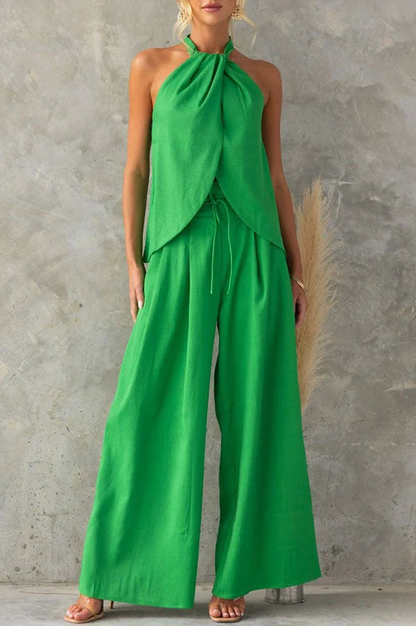 Linen Blend Sleeveless Top & Wide Leg Pants Set