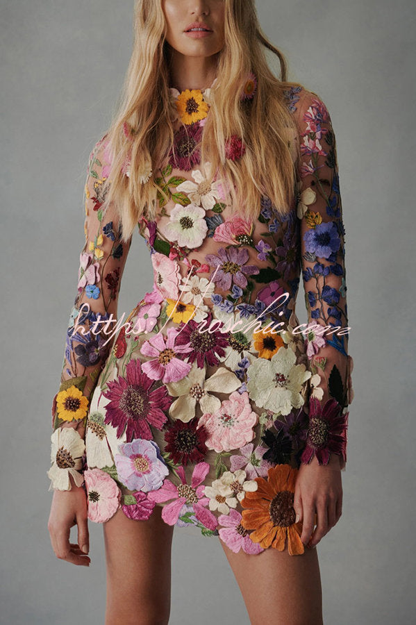 Floral Applique Backless Mini Dress with Long Sleeves