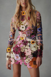 Floral Applique Backless Mini Dress with Long Sleeves