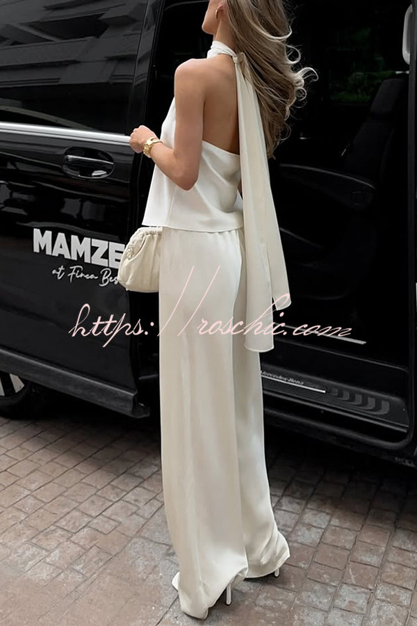 Satin Halter Two-Piece Wide Leg Pants Set