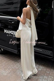 Satin Halter Two-Piece Wide Leg Pants Set