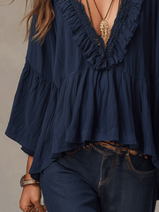 Deep Blue Ruffle Long Sleeve Boho Blouse