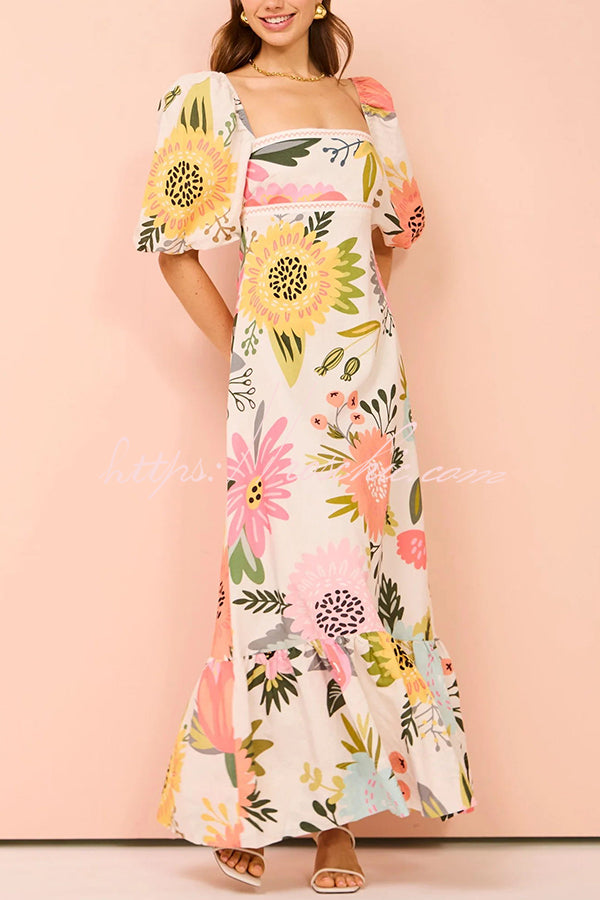 Floral Print Square Neck Bubble Sleeve Maxi Dress