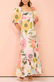 Floral Print Square Neck Bubble Sleeve Maxi Dress