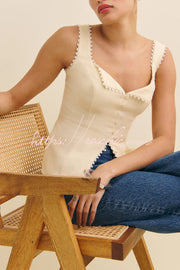 Gilet sans manches à col en V et bordure en dentelle | Coupe slim en mélange de lin