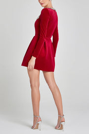 Black Velvet Mini Dress with Jeweled Trim & Long Sleeves