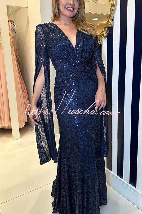 Sequin Cape Sleeve Cross-Waist Evening Maxi Dress