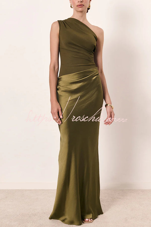 Satin One Shoulder Ruched Maxi Dress for Party