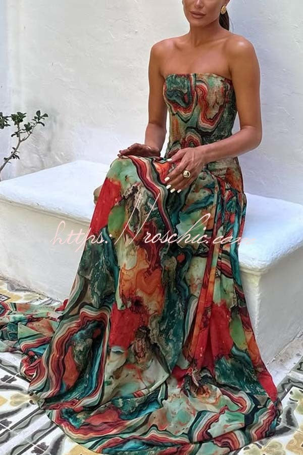 Colorful Lava Print Off Shoulder Smocked Maxi Dress
