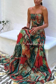 Colorful Lava Print Off Shoulder Smocked Maxi Dress