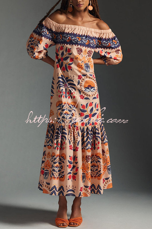 Printed Off-Shoulder Midi Dress with Pockets – Flowy Fit