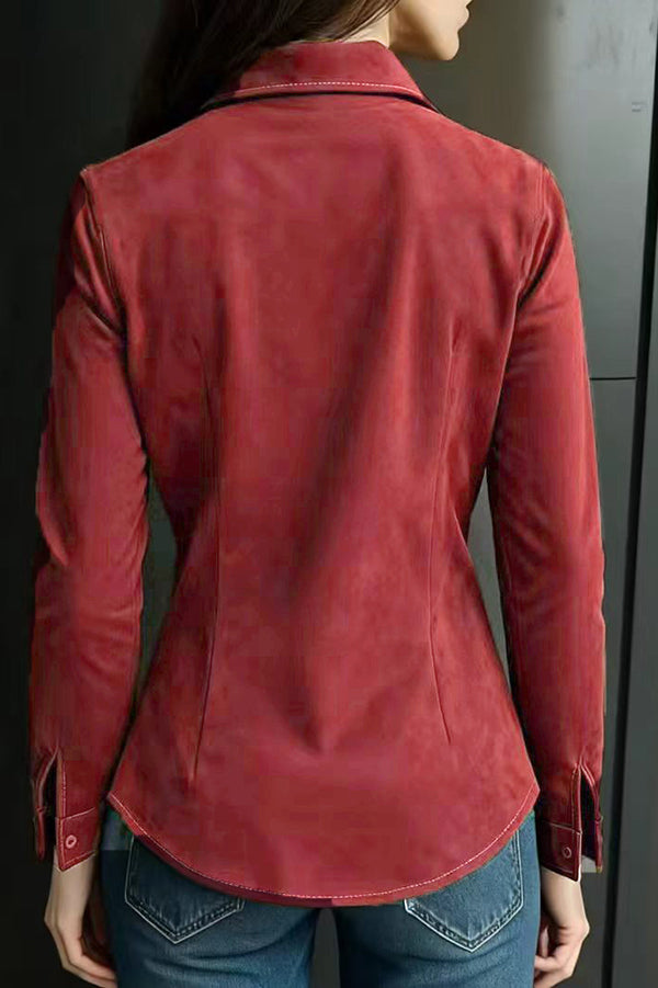 Women's Suede Long Sleeve Button-Down Shirt – Loose Fit