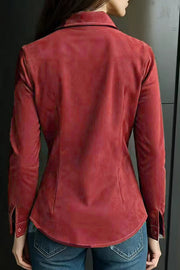 Women's Suede Long Sleeve Button-Down Shirt – Loose Fit