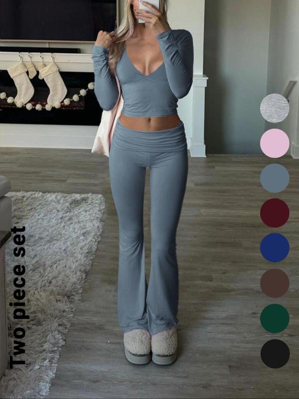 Slim-Fit V-Neck Crop Top & Pants Set