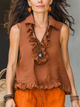 Caramel Sleeveless Blouse with Ruffled Trim