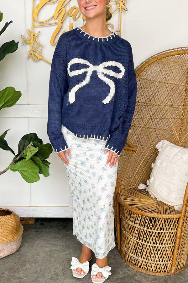 Pull en tricot avec nœud de Noël – Manches longues de couleur contrastée