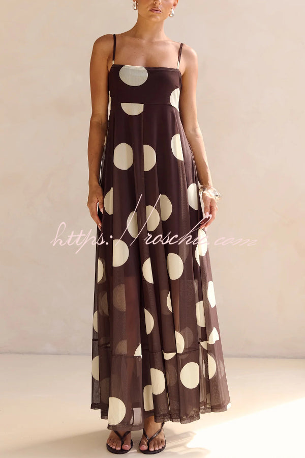 Polka Dot Mesh Maxi Dress | Spaghetti Strap Square Neck