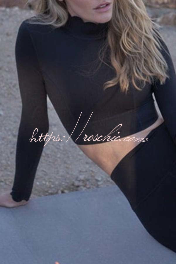 Open Back Long Sleeve Yoga Crop Top with Petal Trim
