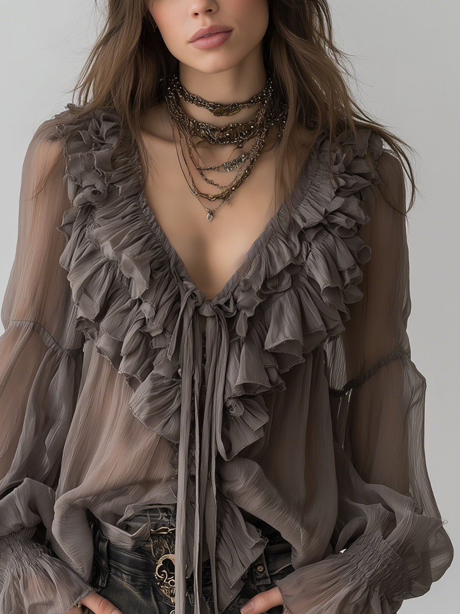 Grey Bohemian Ruffled Long Sleeve Blouse with Layered Detail