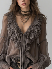Grey Bohemian Ruffled Long Sleeve Blouse with Layered Detail