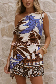 Printed Off-Shoulder Top & Elastic Waist Shorts Set