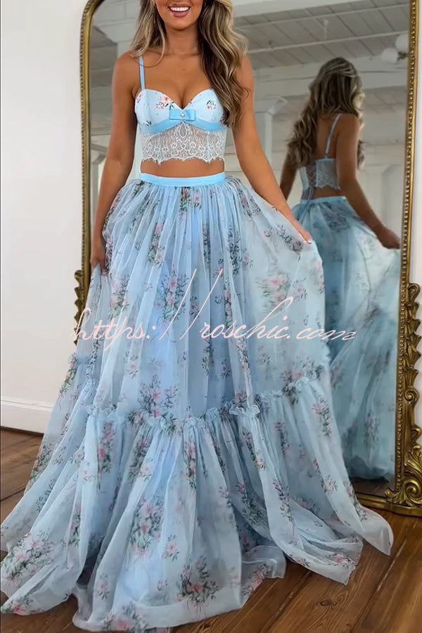 Satin Bow Lace-Back Crop Tank & Tulle Maxi Skirt Set