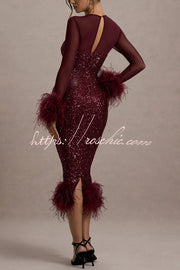 Sequin Feather Trim Midi Dress – Long Sleeve Party Dress
